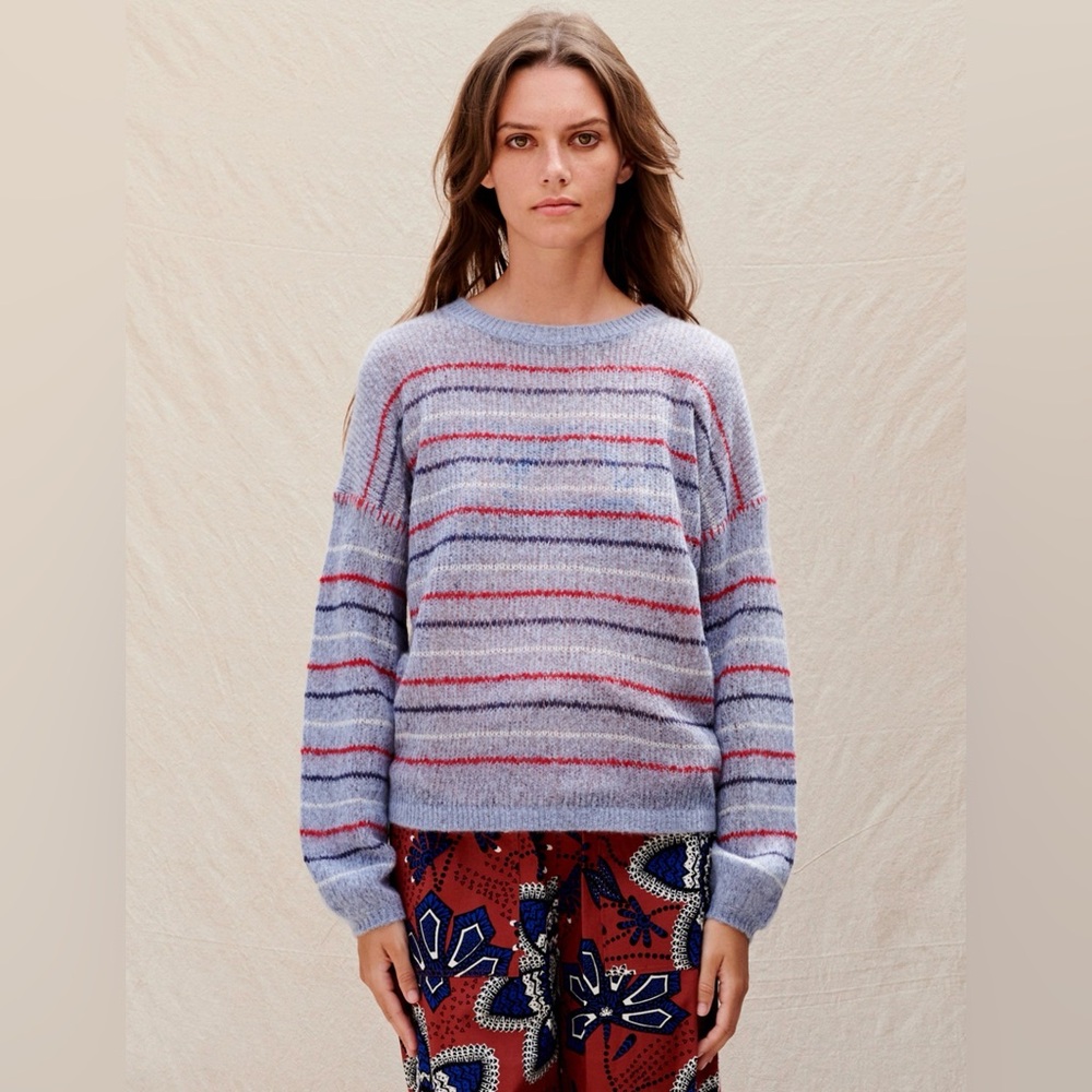 Anthropologie Sundry stripe balloonsleeve sweater wool cashmere sizeS Grey blue